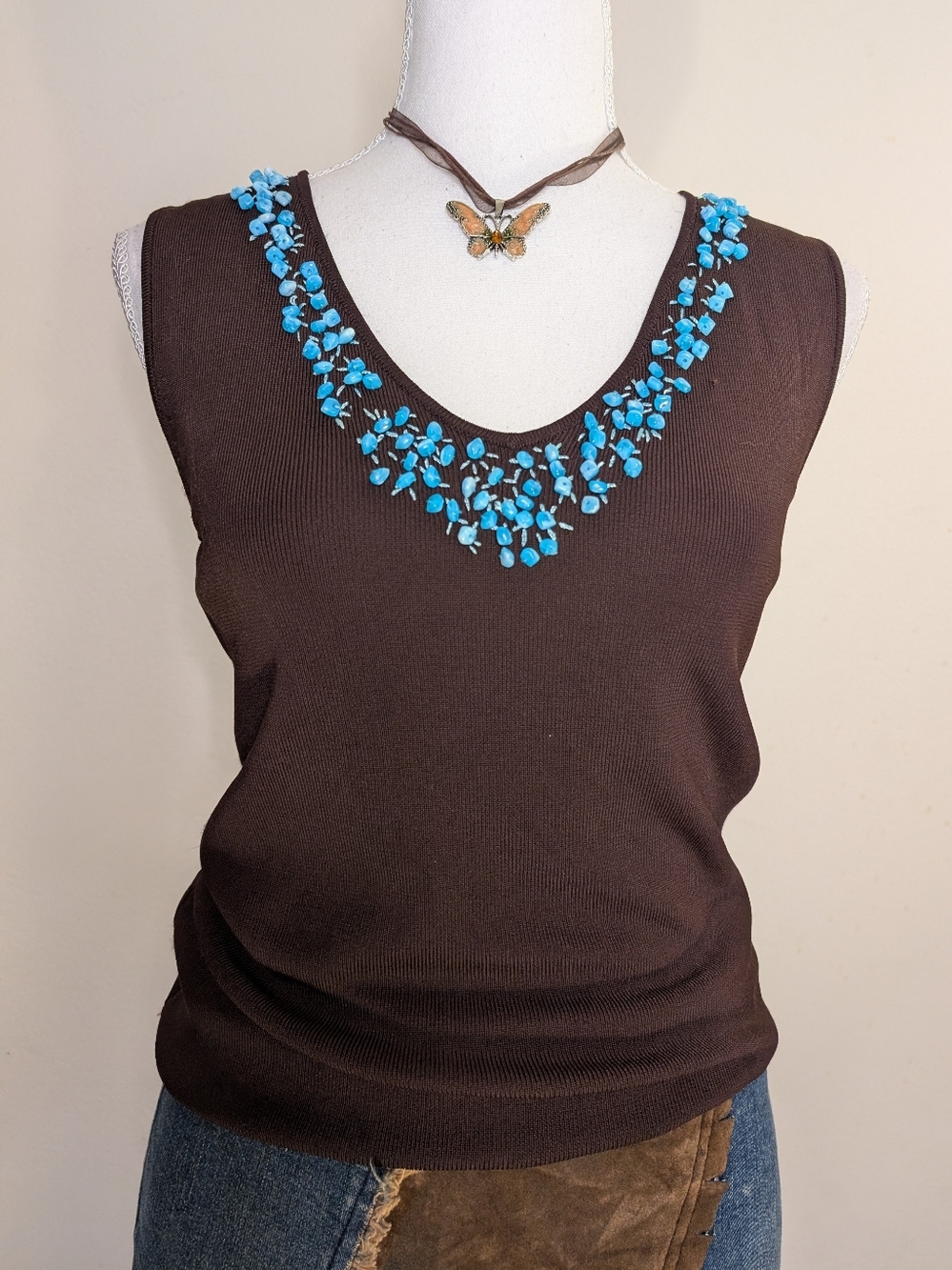 Brown Tank Top with Turquoise Bead Trim Y2K